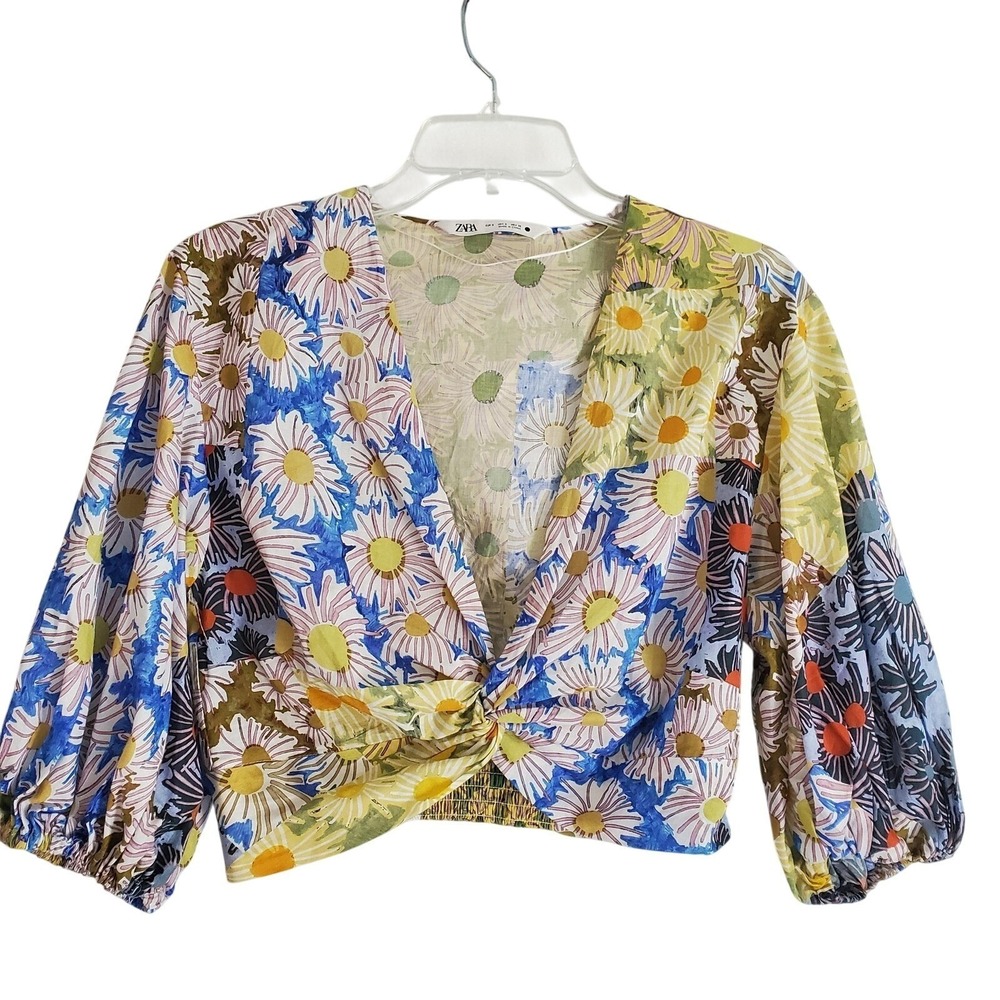 Zara Printed Top Womens‎ Small Multicolor Floral Cropped Knot Puff Sleeve Boho